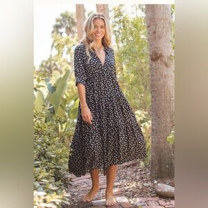 NATURAL LIFE Rebecca Midi Dress Black Cream Roses Boho Cottagecore Large